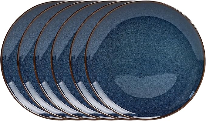 Organic Shape Highland Ceramic Salad plates, 6pcs 8 Inch Handmade Reactive Glaze Dinnerware Sets with Wavy Edge, for Kitchen, Microwave & Dishwasher Safe, Scratch Resistant-Blue