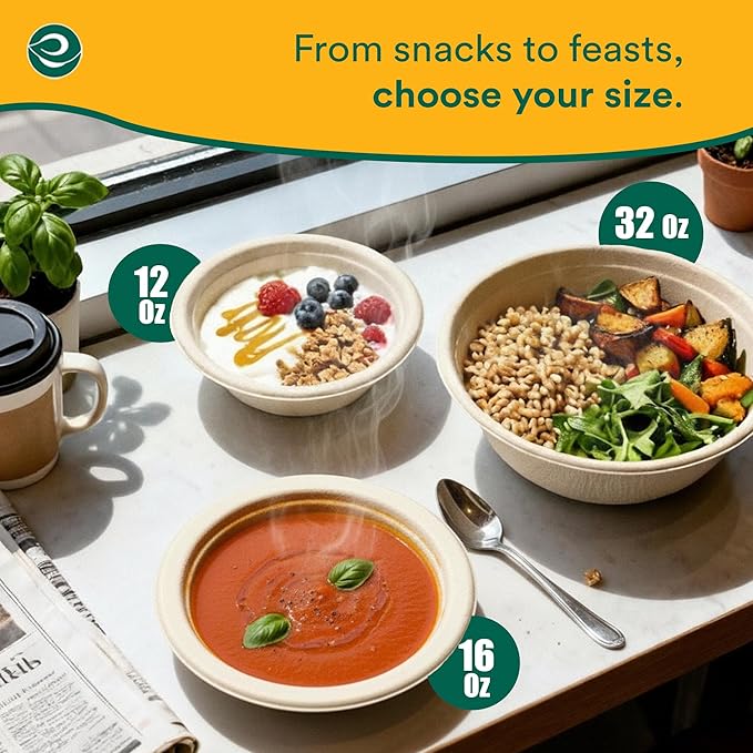 ECO SOUL 100% Compostable 32 Oz Soup Bowls [100-Pack] Disposable Sturdy Bowls I Heavy Duty Paper Bowl I Eco-Friendly Salad Bowl I Biodegradable Large