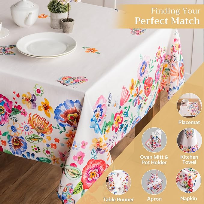 Maison d' Hermine Table Cloth Square Table 100% Cotton 54 x 54 Inches Tablecloth Reusable Decorative for Dining Room Farmhouse Home Valentines Day Decorations Spring Summer- Happy Florals -High Summer