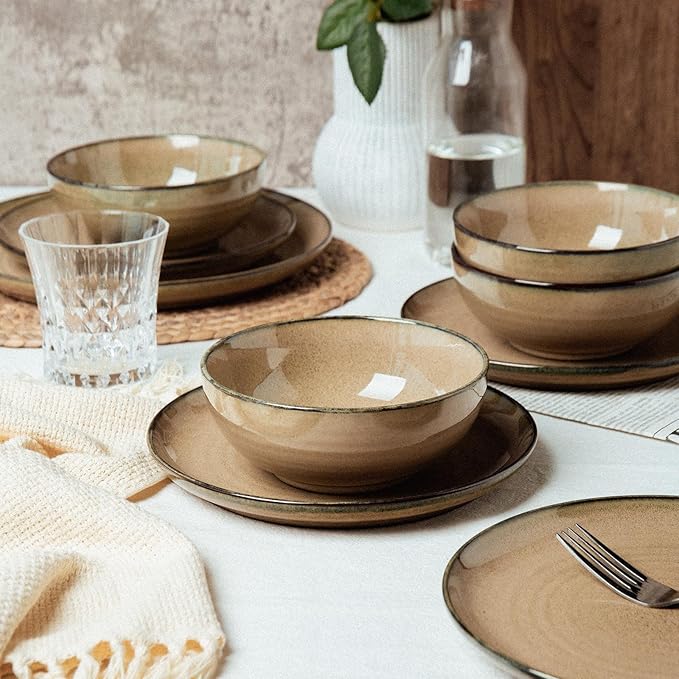 Ceramic Dinnerware 12 Pieces Dinnerware Sets Cereal Bowls Reactive Change Glaze Dish Sets, Modern Stoneware Dishe