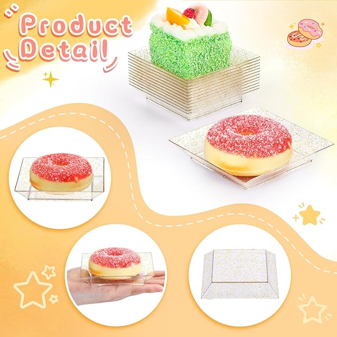 Zhehao 100 Pcs Plastic Dessert Appetizer Plates Disposable, 3.6 x 3.6 Inch Small Square Plastic Dessert Cake Plate for Party, Valentine's Day Wedding Birthday Bridal Baby Shower Supplies (Gold Clear)