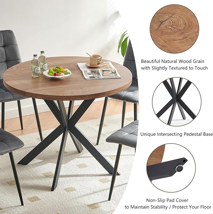 Round Kitchen Table and Chairs Set for 4, 37" Round Dining Table MDF Faux Wood Tabletop, Grey Velvet Dining Chairs Upholstered Side Chair with Back