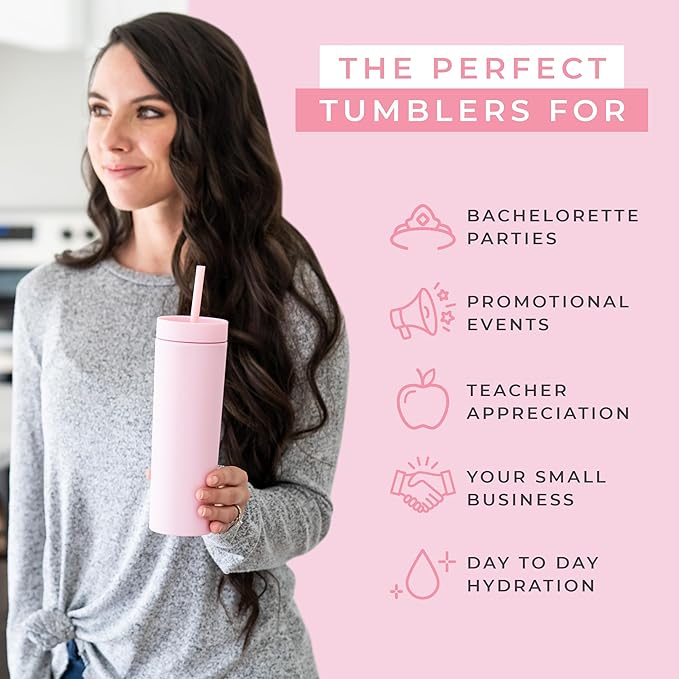 STRATA CUPS Pink Skinny Tumblers with Lids and Straws (4 pack) - 16oz Matte Pastel Colored Acrylic Tumblers with Lids and Straws, Double Wall Skinny Tumbler Bulk, Reusable Cup with Straw Cleaner