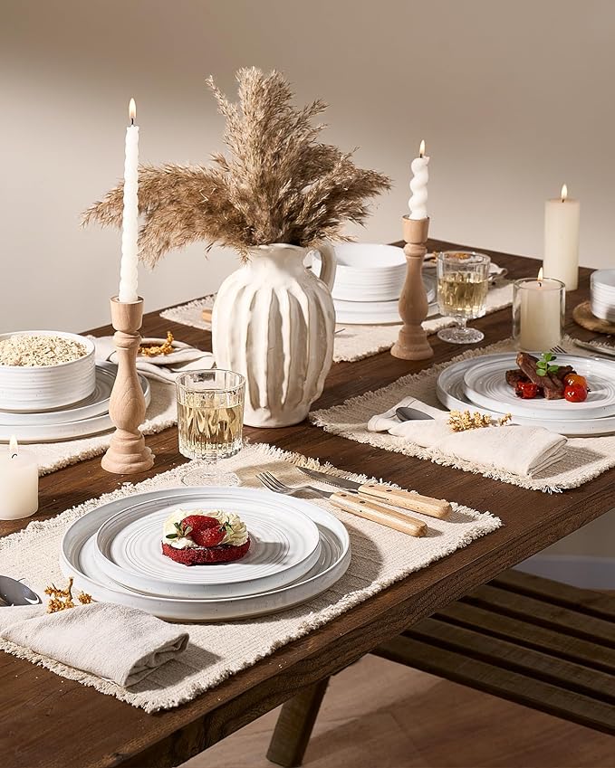 Stoneware Dinnerware Sets, Plate and Bowl Sets for 4, 12 Pieces Spiral Straight Dishware with Speckles and Reactive Glaze, Microwave Dishwasher Safe Family Tableware, White