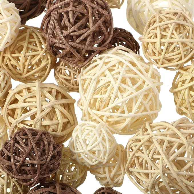 Patelai 36 Pcs Wicker Rattan Balls Decorative Balls for Vase Centerpiece Bowls Orbs Filler for Home Decor,4 Sizes(White, Wood Color, Light Tan, Coffee)