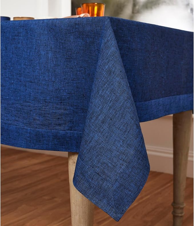 Solino Home Linen Tablecloth 60 x 120 Inch - 100% Pure Linen Royal Blue Table Cloth for Rectangular Tables - Athena, Machine Washable Cloth Tablecloth