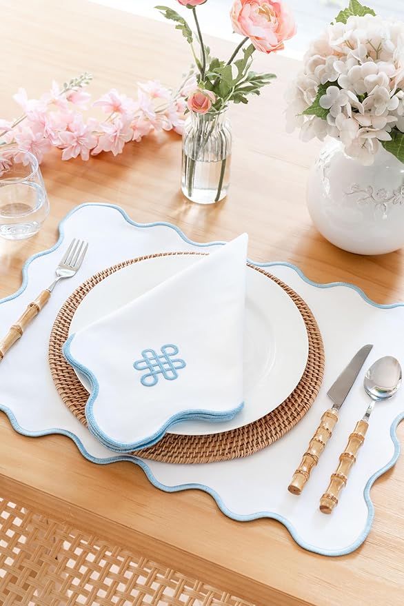 Hofdeco Premium Coastal Patio Indoor Outdoor Placemat Set of 4, 14"x19" Double-Layered, Waterproof Cloth Placemat for Kitchen or Dining Table. Baby Blue Embroidered Solid A