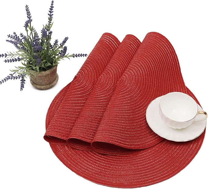 SHACOS Round Placemats Set of 6 Braided Cotton Polyester 15 inch Washable Place Mats for Dining Tables Christmas Table Mats Home Wedding Party Table Decor (Red, 6)