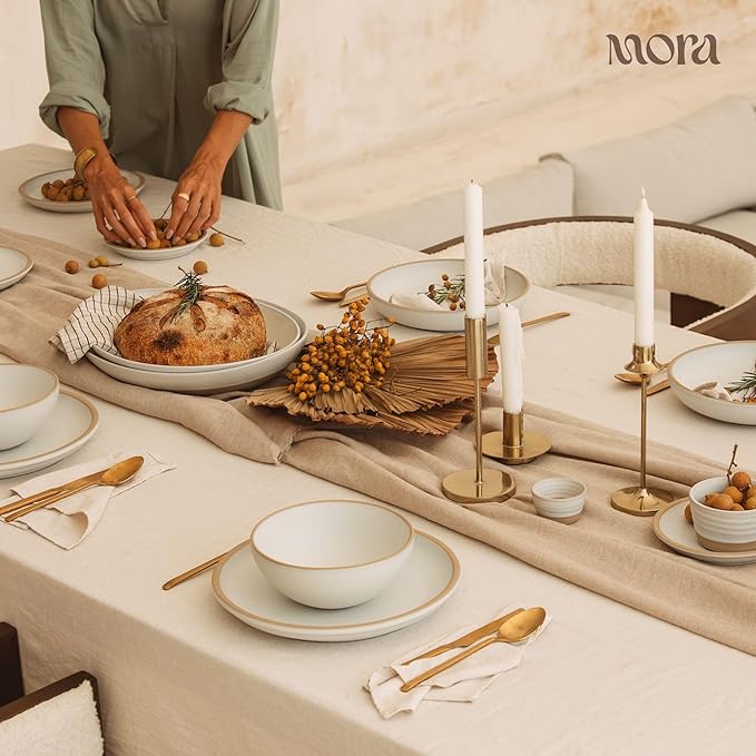 MORA Large Plates Set of 4, 10.5 inch Ceramic Pottery Dinner Plates - Microwave, Oven and Dishwasher Safe - Oat