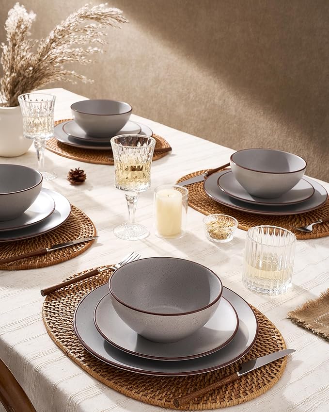 Famiware Venus Ceramic Plates and Bowls Sets, Speckled Dinnerware Dish Sets for 8 (24 Pieces) - Microwave and Dishwasher Safe, Matte Light Grey