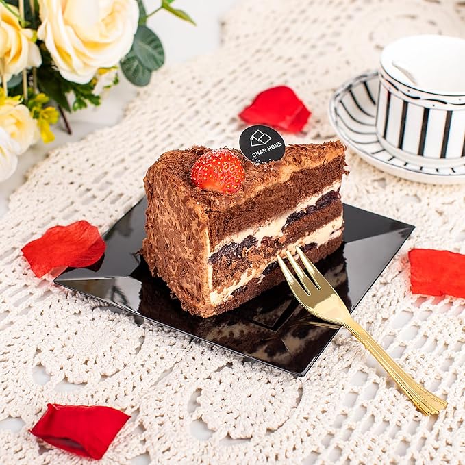 supernal 200pcs Black Dessert Plates with 100pcs Gold Dessert Forks,100pcsElegant Appetizer Salad Plastic Plates,Black Square Cake Plates for Party,Birthday, Wedding,Afternoon Tea