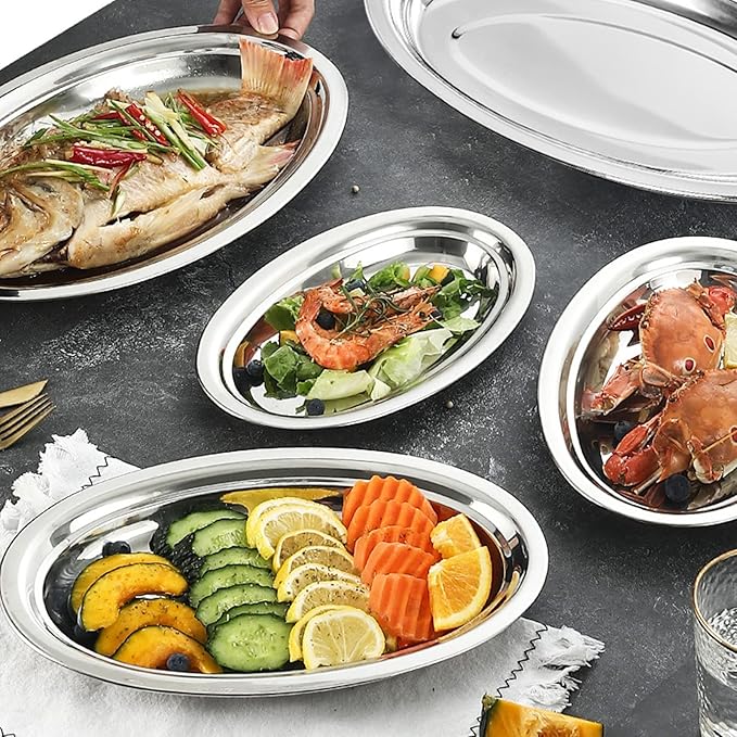 Suwimut 6 Pack Stainless Steel Oval Platter, Heavy Duty Mirror Polish Large Sizzling Platter Serving Tray Fish Plate for Steaming Fish Dessert Meat Sushi, 14-Inch by 8.7-Inch, Silver