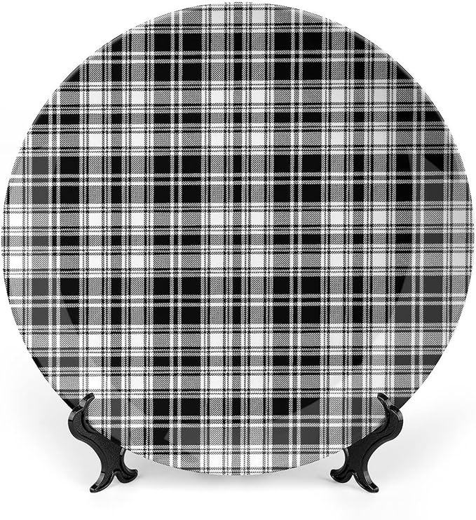 Ceramic Display Plate, Abstract Decor Ceramic Hanging Decorative Plate, British Tartan Stripes Pattern, 8 Inch, Household Custom Ceramic Plate, Black White