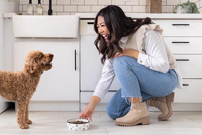 Pearhead Ceramic Dog Faces Dog Bowl, Holds 2 Cups, Stoneware Food and Water Dish for Dogs up to 20 lbs, Heavy Non-Slip Base, Small/Medium