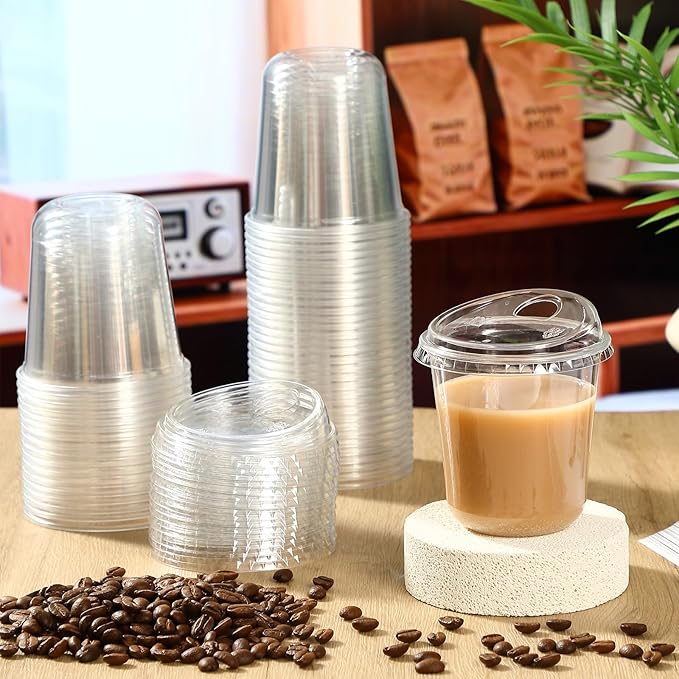 Baderke 50 Pcs Plastic Cups with Sip Lids Round Bottom Disposable Plastic Coffee Cups with Lids Clear Strawless Crystal Mugs for Iced Coffee Smoothie Cold Beverage Party Catering Supplies (12 oz)