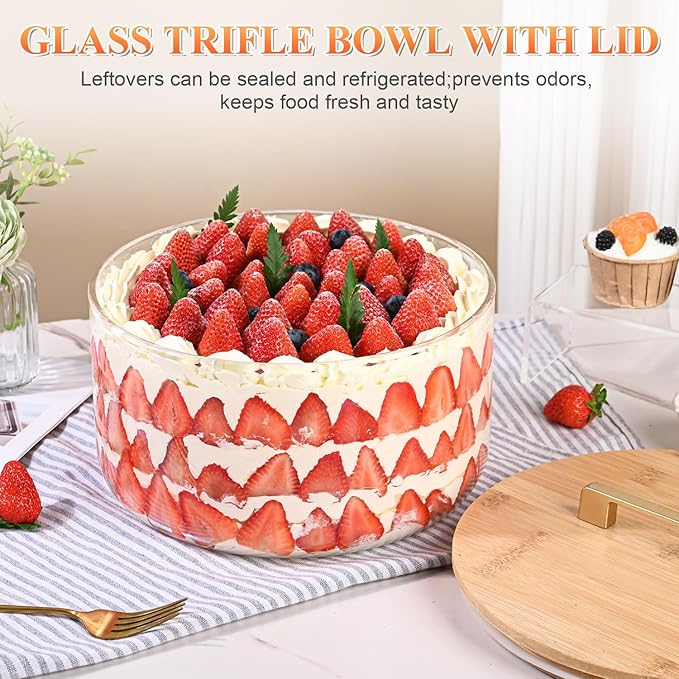 Large Salad Bowl, 8 inch Trifle Bowl Glass with Sealed Lid, Versatile Mixing and Serving Bowl for Laying Ice Cream, Cake, Cupcake, Salad, Fruit, Baking, Dessert and Party Diy, Microwave Safe