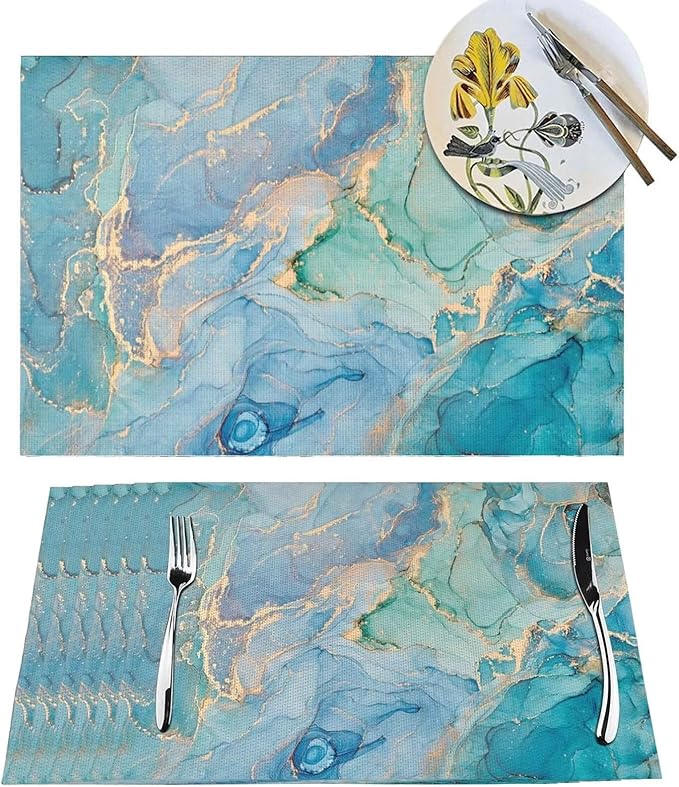 Teal Marble Placemats Set of 6 Turquoise Blue Gold Natural Luxury Abstract Fluid Wipeable Table Mats Reusable Washable PVC Rectangle Place Mats for Kitchen Dining Home Decor 12x18 Inches