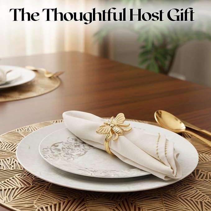 ALPHA Living HOME Decorative Bee Napkin Rings - 12 Pcs Elegant Metal Napkin Ring Modern Cloth Napkin Holders for Table Kitchen Dinner Decor Party Wedding Everyday Use (Gold)