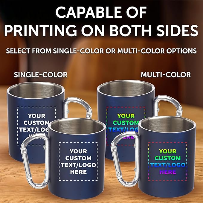 Custom Stainless Steel Mugs with Carabiner Handle 10 oz. Set of 50, Personalized Bulk Pack - Perfect for Coffee, Soda, Other Hot & Cold Beverages - Navy Blue