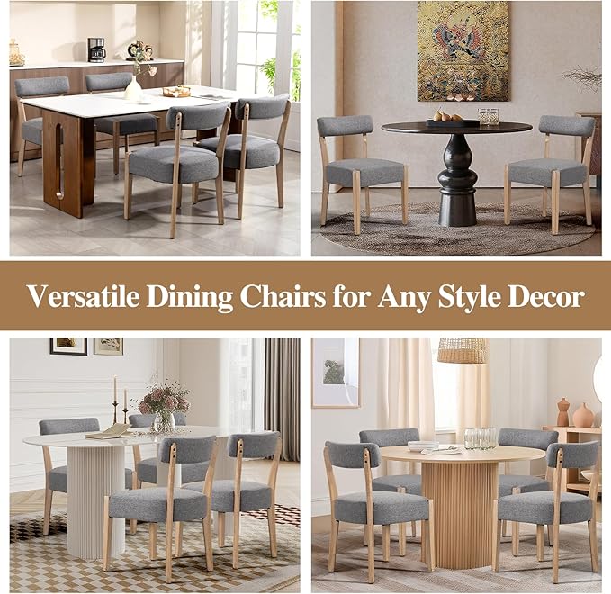 Dining Chairs Set of 4,Mid Century Modern Dining Chair Set - Linen Upholstered Low Back Kitchen & Dining Room Chairs with Woven Design,Grey Fabric