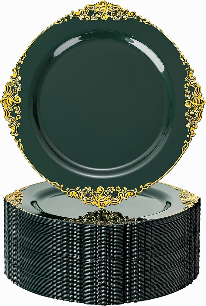 Nervure 100PCS Green and Gold Plastic Plates - 10.25inch Green Disposable Plates - Heavyweight Dinner Plate for Wedding & Party