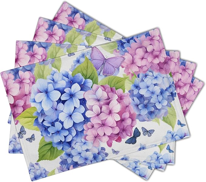 Hydrangea Placemats Set of 4 - Floral Place Mats 12 x 18 Inch Pink Purple Hydrangea Flower Table Mats Spring Summer Butterflies Placemats for Dining Kitchen Party Farmhouse