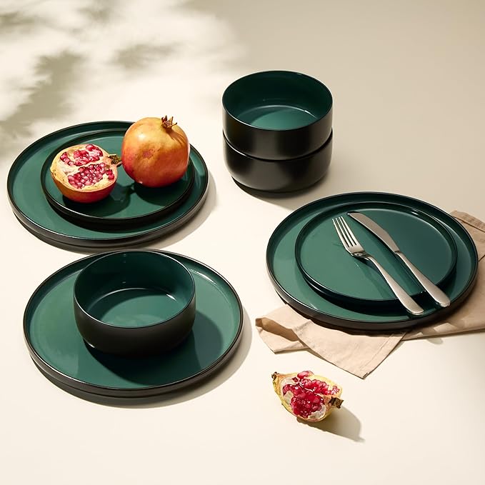 Dinnerware Set, 12 Piece Service for 4, Vase and Vessel, Ceramic 10.5” Dinner Plates, 8.2” Salad Plates and 20 oz Bowls, Stoneware, Somerset Collection (Black/Jade)
