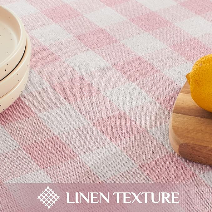 Softalker Valentines Pink Gingham Tablecloth Square, Outdoor Linen Cotton Checkered Table Cloth with Tassel, Heavy Duty Wrinkle Free Plaid Table Cover for Easter Dining Spring Party - 55 x 55 Inch