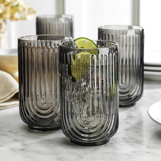 Glaver's Vintage Glassware Art Deco Glasse Ribbed Drinking Glasses U-Shape Arch Design Colored Cocktail Kitchen Tumblers Everyday Dinner Decorative Party (Smoke S/4 17oz)