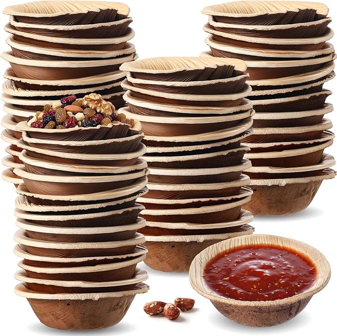 100 Pcs Small Palm Leaf Dip Bowls 2.5 Inch Disposable Palm Leaf Round Mini Dip Bowl, All Natural and Compostable Small Bamboo Plates for Dips Soy Sauce Charcuterie Board and Finger Foods