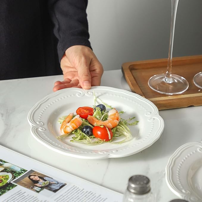 Neaylfe Embossed Salad Plates, 7.8 Inch White Ceramic Plates, The Dessert, Salad, Appetizer, Small Lunch, etc Plate, Restaurant Kitchen Dish, Microwave, Oven, and Dishwasher Safe - Set of 8