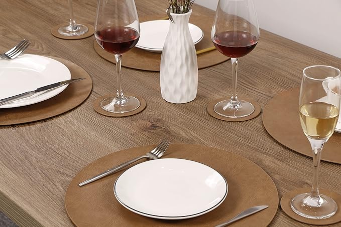 Jovono PU Leather Placemats, Waterproof Coffee Coasters, Kitchen Table Mats, Easy to Wipe Off for Dining Round Table, Diameter 13'' and 3.9'', Flaxen
