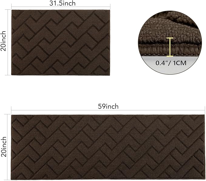 hicorfe Kitchen Rugs and Mats Sets,2 Pieces Super Absorbent Polypropylene Non-Slip Rug,Soft Comfort Floor Mat,Washable for Kitchen,Hallway,Office,Sink,Laundry(20" x 32" + 20" x 59",Coffee