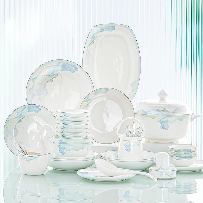 60 Pcs Fine Bone China Dinnerware Set, Porcelain&Ceramic Dinnerware Sets,Bone Stoneware&Ceramic Cookware Tableware Set Includes Dinner Plates|Spoons|Pasta Bowls|Soup Pot|Chopsticks