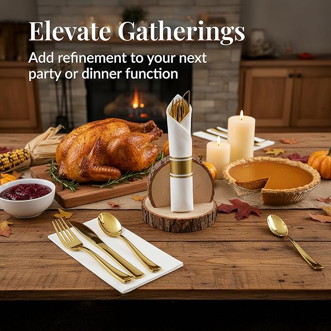 Prestee 200 Piece Gold Plastic Silverware Set for 50 Guests - Premium Pre Rolled Cutlery Set with Napkins - Elegant Disposable Silverware with Forks, Knives, and Spoons for Weddings and Thanksgiving