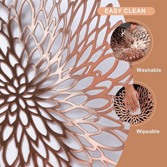 Snowkingdom 12 Pack Rose Gold Placemats Metallic Pressed Vinyl for Mother's Day Table Decoration Dinning Mats Bulk Round Floral Charger for Wedding Valentine's Day Christmas Holiday