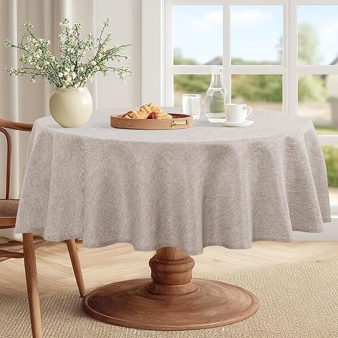JIUZHEN Faux Linen Round Tablecloths 84 inch, Decorative Wrinkle Free Texture Rustic Circle Table Cloth Cover for Kitchen, Dining, Party, Wedding, Outdoor Use (84 Inch Round,Stone)