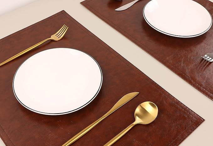 Waterproof PU Placemats, Faux Leather Dining Table Mat, Set of 4, Easy to Wipe Off Scrub Vinyl Mat, Heat & Stain Resistant for Office Conference Table, Home Decor