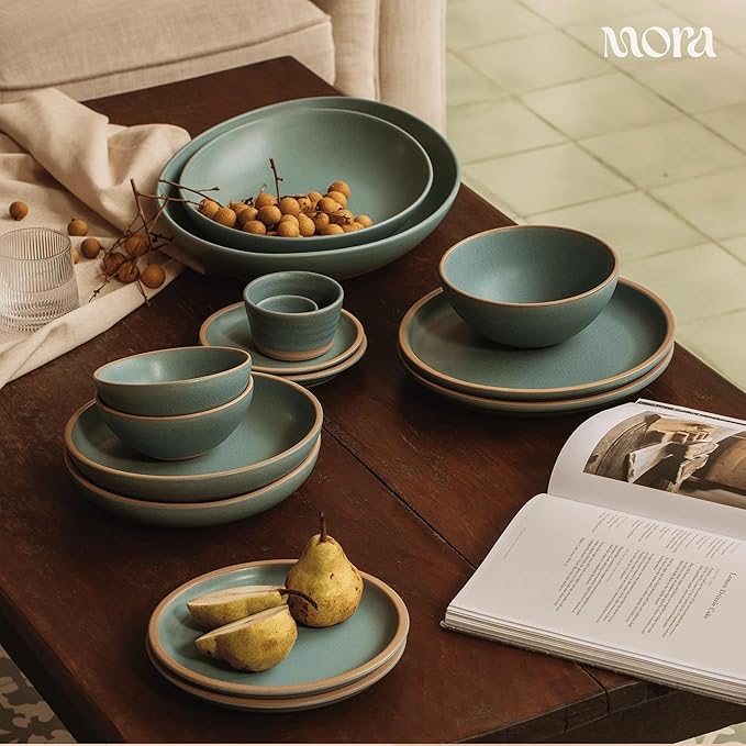 MORA Medium Dishes Set of 4, 30oz Ceramic Pottery Pasta Plate/Wide Bowls - Microwave, Oven and Dishwasher Safe - Iris