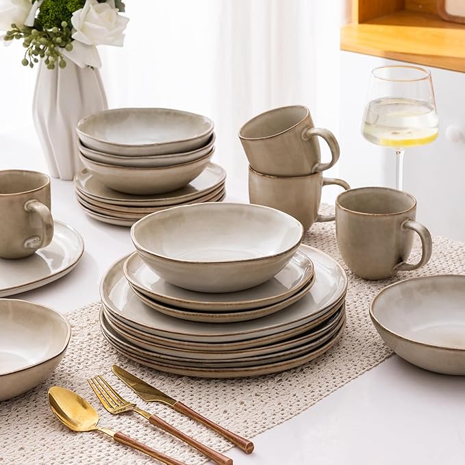 AmorArc 8.5'' Large Pasta Bowls, 36oz Ceramic Salad Serving Bowls Set of 6 for Kitchen, Wide Stoneware Bowls for Pasta,Salad,Fruit,Bread, Microwave Safe, Cappuccino