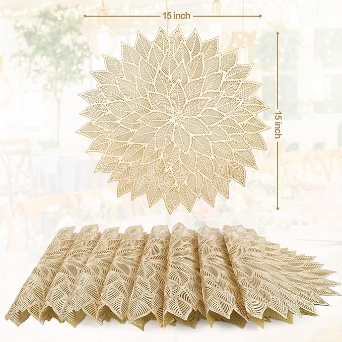 Placemats Set of 8, Round Hollow Out Flowers Place Mats for Dining Table Pressed Vinyl Blooming Leaf Table Mats for Holiday Party Wedding Accent Centerpiece Dinner Table Decoration (Gold)