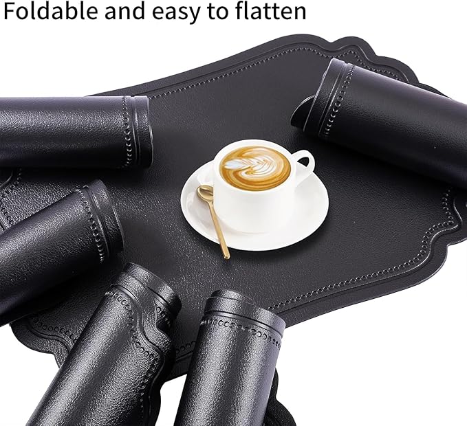 Black Faux Leather Placemats Set of 6,Waterproof PU Placemat for Dining Table,Wipeable Eco-Friendly Kitchen Table Mats Heat Resistant Anti Slip Washable,Modern Table Protectors