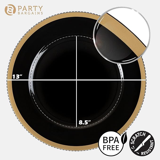 PARTY BARGAINS 13-Inch Charger Plates - 48 Pack, Black Gold Rim, Heavy-Duty Disposable Chargers for Elegant Dining - Ideal for Weddings and Formal Events