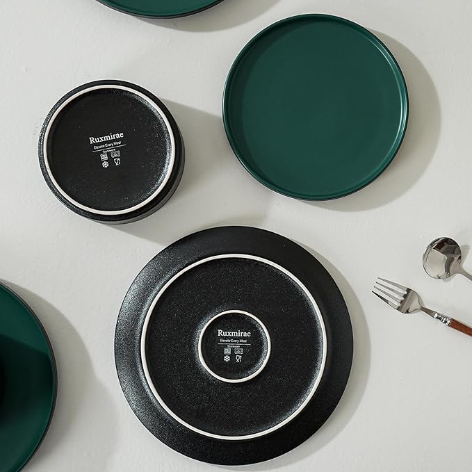 12 Piece Ceramic Dinnerware Set for 4, Modern Minimalist Stoneware Dinner Plates and Bowls, Microwave Safe, Dishwasher Safe, Versatile for All Seasons, Matte Green