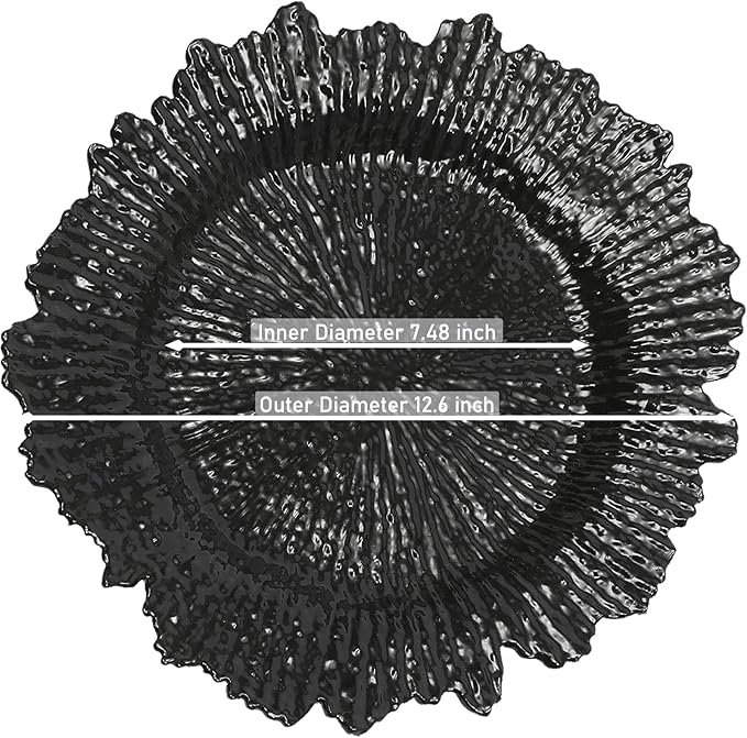 LOYALHEARTDY 24 Pack 13 Inch Black Charger Plates, Plastic Reef Textured Rim Round Decorative Underplates for Wedding, Party, Dinner Table
