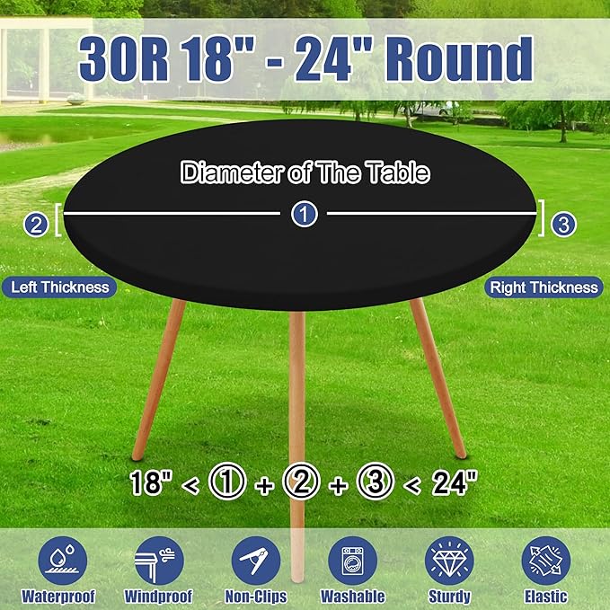 Round Spandex Tablecloth 2 Pack, Elastic Fitted Waterproof Tablecloths for 18"-24" Tables, Stretch Washable Picnic Table Cover for Camping, Dining, Indoor and Outdoor, Black