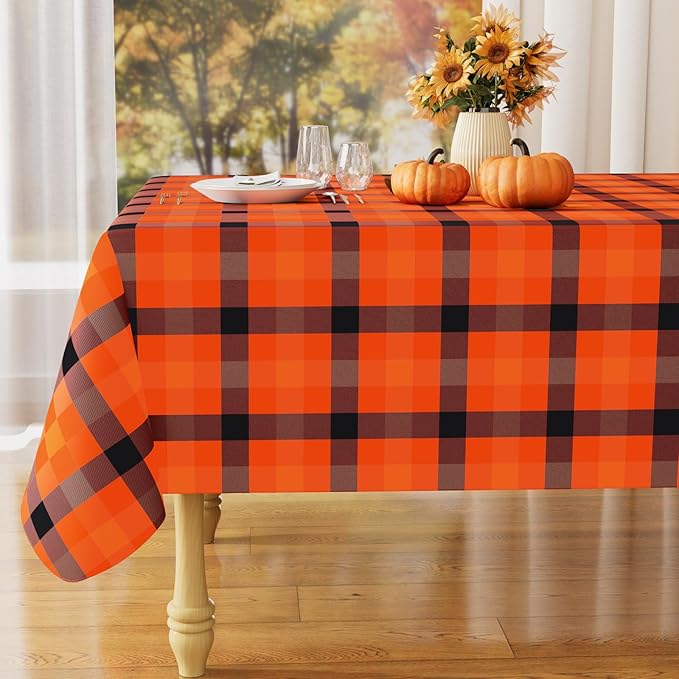 misaya Rectangle Waterproof Vinyl Table Cloth, Buffalo Flannel Backed Tablecloth, Wipeable Plastic Table Cover for Dinner, Kitchen, Picnic (60" x 102", Black and Orange and Yellow)