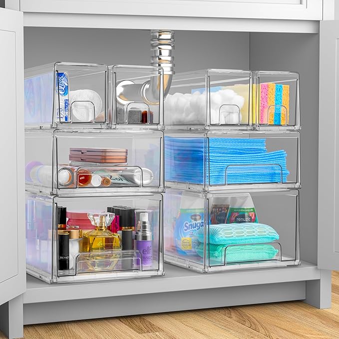 Sorbus 1 Medium & 2 Small Clear Stackable Storage Drawers – Plastic Organizer Bins with Handles – Stackable Pull-Out Storage Drawers for Closet, Pantry, Office, Bathroom, Craft, and Toy Organization