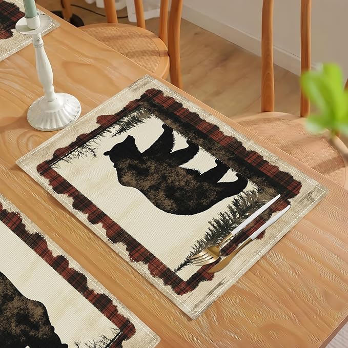 Bear Placemats Set of 4, Farmhouse Cabin Place Mats, Country Rustic Wild Animal Waterproof Washable Table Mats for Home Party Indoor Kitchen Dining Table Decoration 12x18 Inch