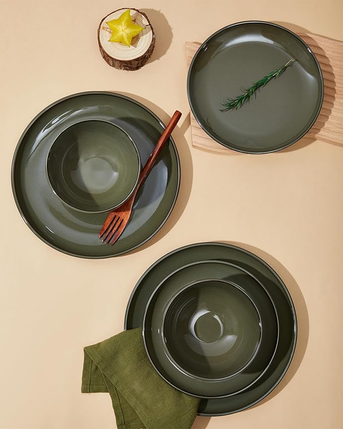 16 Piece Double Bowl Dinnerware Sets with Pasta Bowls, Highly Chip and Crack Resistant Plates and Bowls Sets, Natural Earthyware Ceramic Dishware Sets, Service for 4 Blackish Green